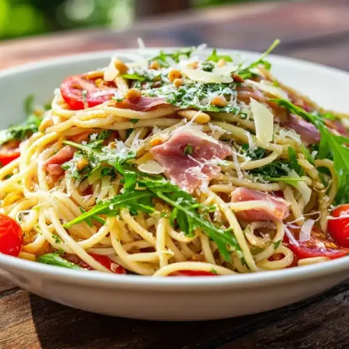 Frischer Spaghettisalat mit Rucola, Tomaten und Schinken