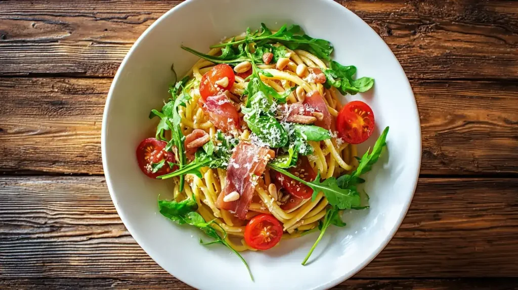 Spaghettisalat schnell und einfach mit Dressing und Pinienkernen