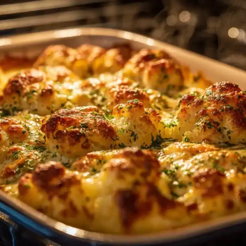 Cremiger Blumenkohlauflauf mit Kartoffeln, goldbraun überbacken, serviert auf weißem Teller