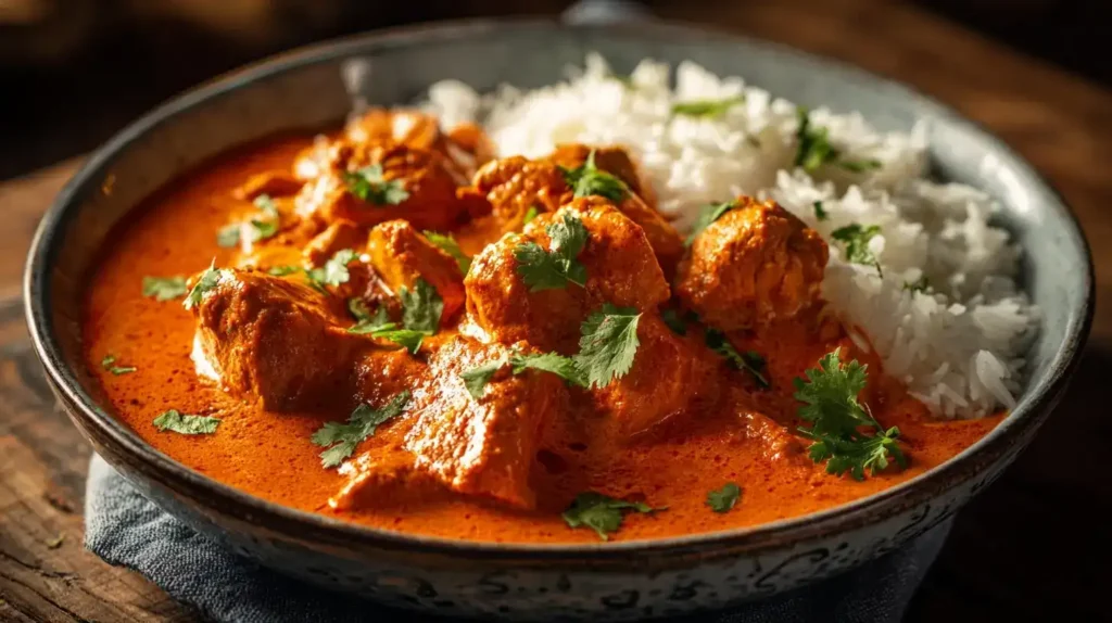 – einfach, cremig und aromatisch Butter Chicken serviert mit Basmatireis in einer weißen Schale, cremig und aromatisch