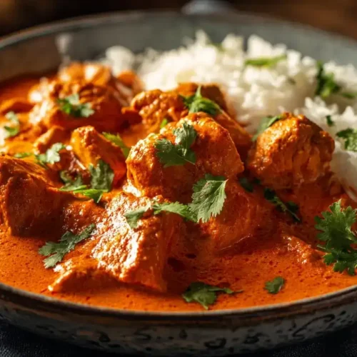 Butter Chicken serviert mit Basmatireis in einer weißen Schale, cremig und aromatisch