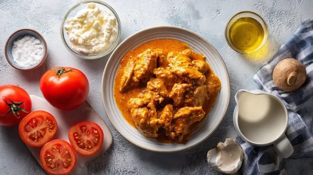 Butter Chicken Rezept Zutaten: Hähnchen, Tomaten, Sahne, Gewürze schön angerichtet