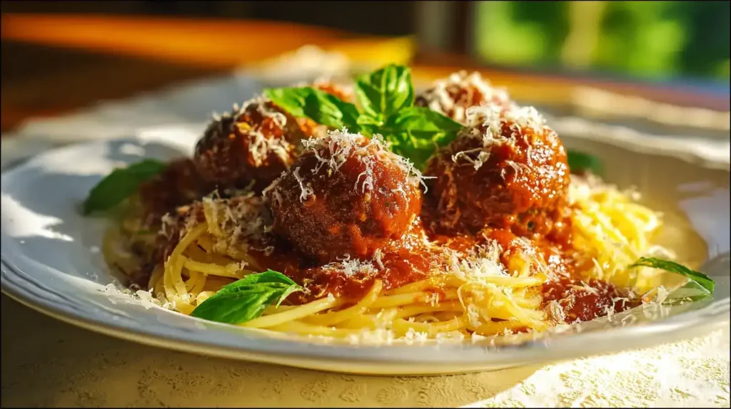 Hackbällchen in Tomatensoße – Ein Familienklassiker für jeden Tag Hackbällchen in Tomatensoße mit Spaghetti, frischem Basilikum und Parmesan