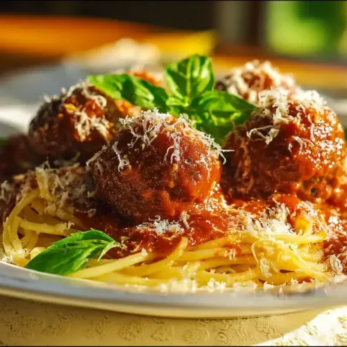 Hackbällchen in Tomatensoße mit Spaghetti, frischem Basilikum und Parmesan