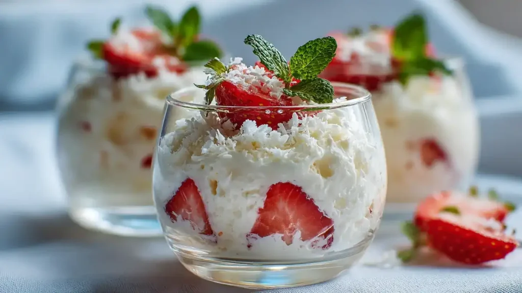 Nahaufnahme Raffaello-Creme mit Erdbeeren, Kokosraspeln und Minze