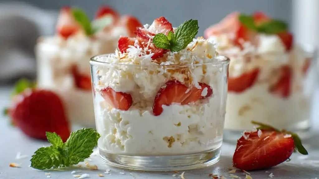 Raffaello-Creme Dessert mit Erdbeeren und Kokos in Glas