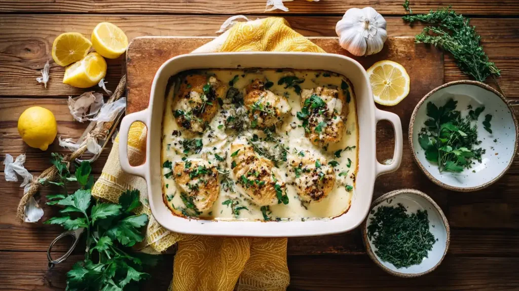 Zwiebel-Sahne-Hähnchen aus dem Ofen – Cremig, Herzhaft & Einfach Lecker Zwiebel-Sahne-Hähnchen aus dem Ofen in cremiger Soße, serviert mit Petersilie in einer Auflaufform