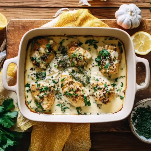 Zwiebel-Sahne-Hähnchen aus dem Ofen in cremiger Soße, serviert mit Petersilie in einer Auflaufform