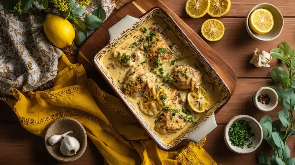 Zwiebel-Sahne-Hähnchen Rezept Schritt für Schritt, cremige Zwiebelsoße über Hähnchenfilets in Ofenform