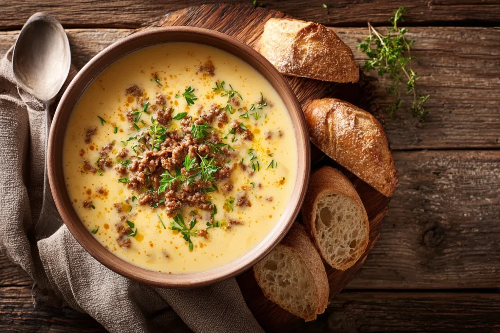 Käse-Lauch-Suppe mit Hackfleisch