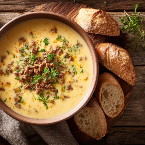 Käse-Lauch-Suppe mit Hackfleisch