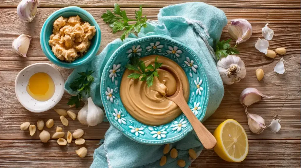 Cremige Erdnusssauce in Schüssel mit Sommerrollen und Limette