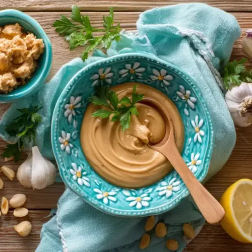 Cremige Erdnusssauce in Schüssel mit Sommerrollen und Limette