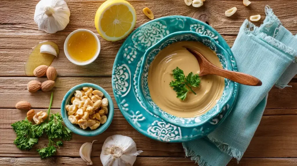 Erdnusssauce als Dip zu Saté-Spießen und Gemüse-Bowl