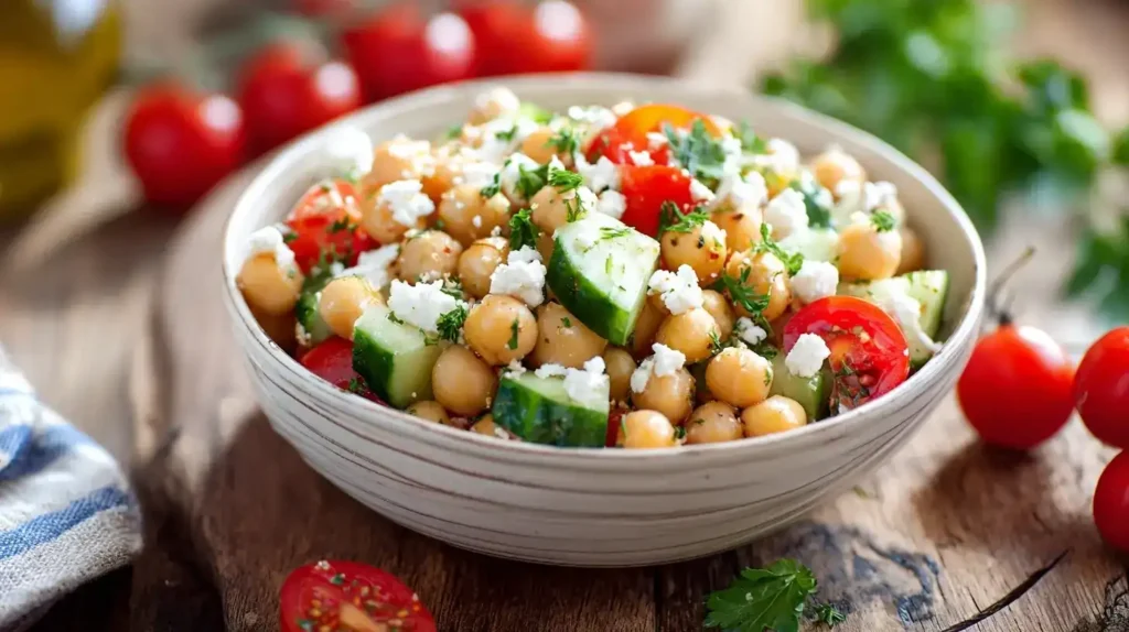 Zubereitung von Kichererbsensalat mit Feta, Gurke und Kirschtomaten auf einem Küchentisch