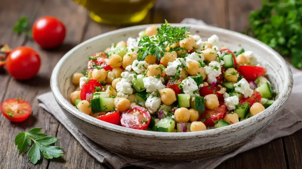 Frischer Kichererbsensalat mit Feta und Gurke in einer weißen Schüssel auf Holztisch