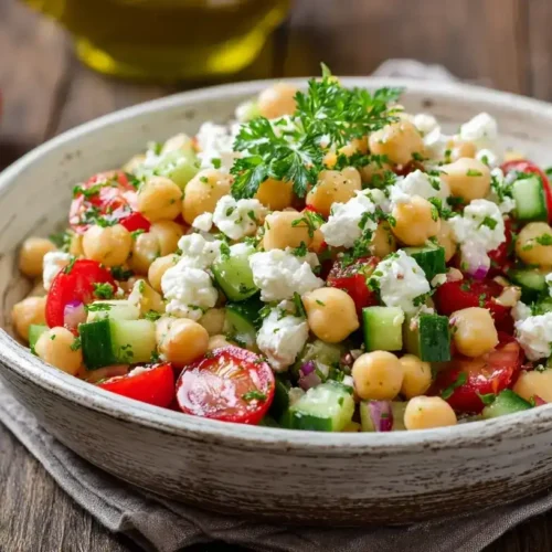 Frischer Kichererbsensalat mit Feta und Gurke in einer weißen Schüssel auf Holztisch