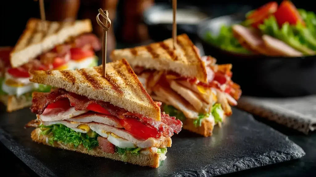 Seitliche Aufnahme eines gestapelten New York Club Sandwich mit knusprigem Speck und frischem Salat