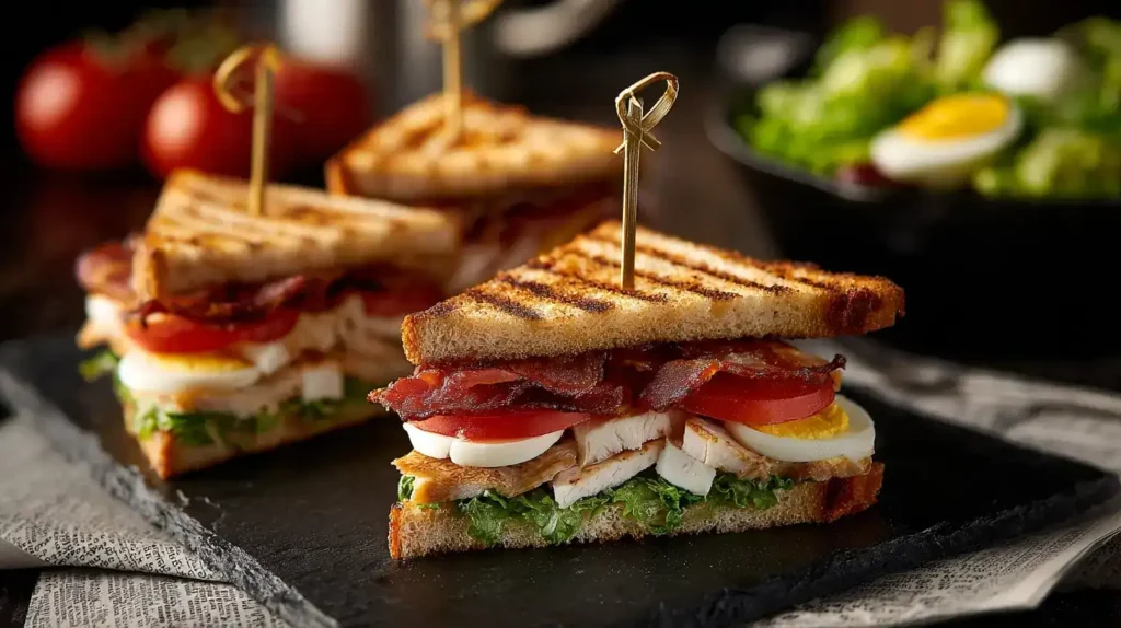 New York Club Sandwich mit Hähnchen, Speck, Salat und Tomaten von oben fotografiert