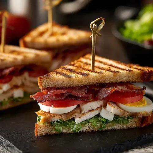 New York Club Sandwich mit Hähnchen, Speck, Salat und Tomaten von oben fotografiert