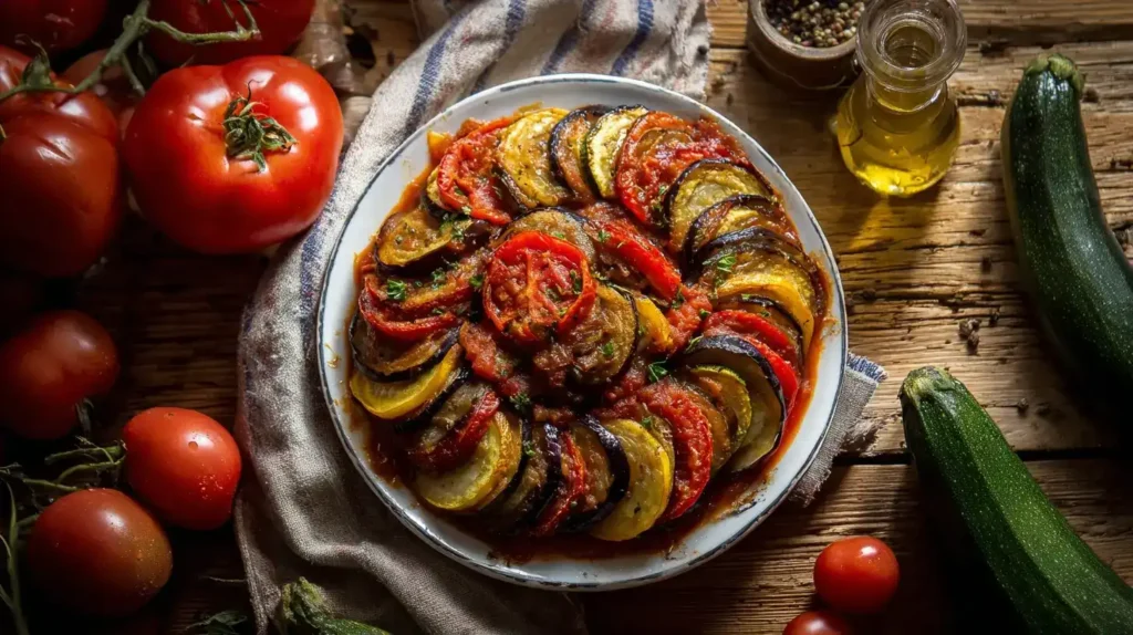 Ratatouille Rezept im Teller, frisches Gemüse und Kräuter