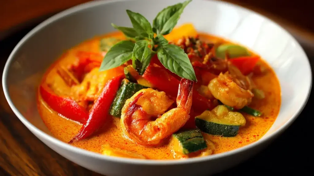 Leckeres Rotes Thai-Curry mit Garnelen, Gemüse und Thai-Basilikum