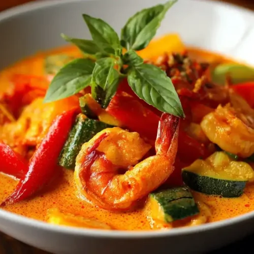 Leckeres Rotes Thai-Curry mit Garnelen, Gemüse und Thai-Basilikum