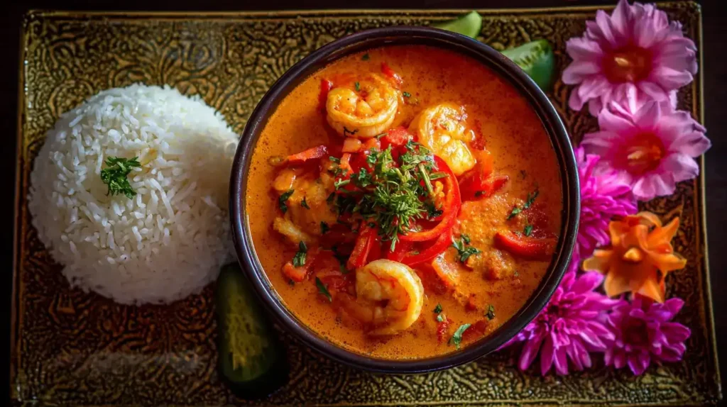 Rotes Thai-Curry mit Garnelen in der Mitte, Hauptzutaten dekorativ rundherum