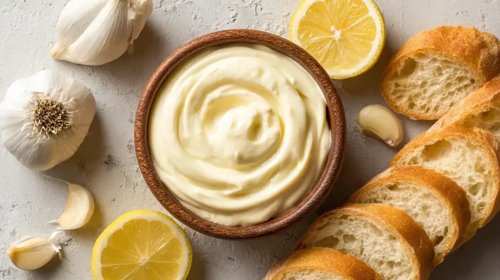 Aioli ohne Ei – Das cremige Blitzrezept für Genießer Aioli ohne Ei in einer kleinen Schale mit cremiger Konsistenz, umgeben von Baguette und Knoblauchzehen