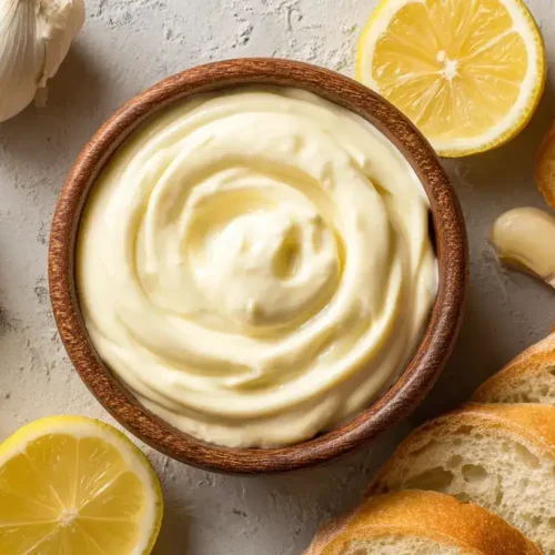 Aioli ohne Ei in einer kleinen Schale mit cremiger Konsistenz, umgeben von Baguette und Knoblauchzehen