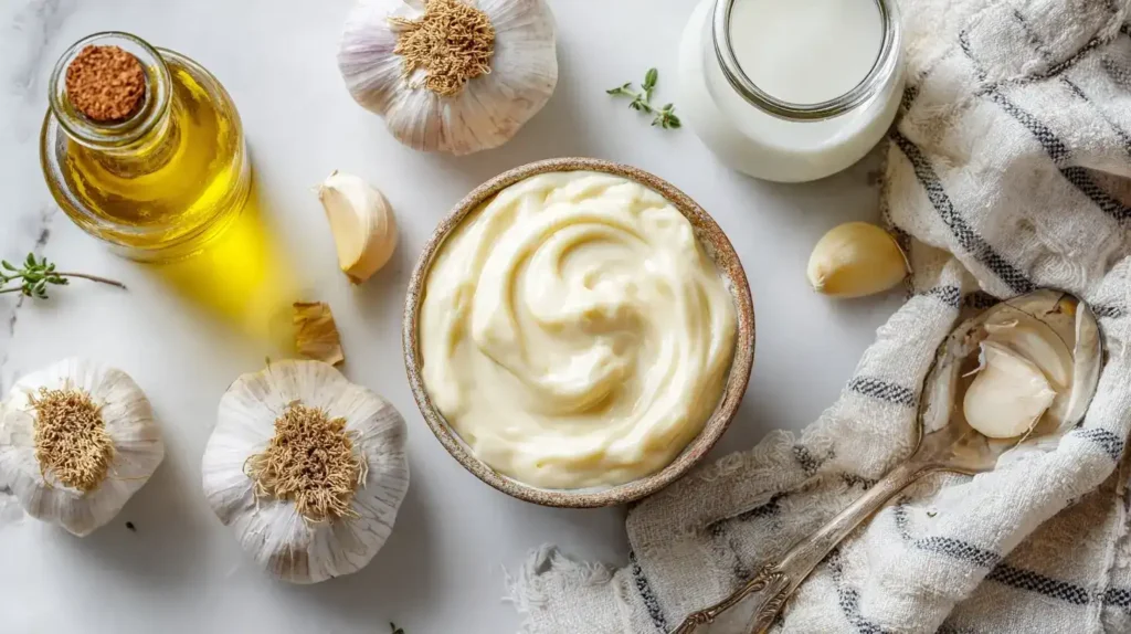 Aioli ohne Ei in der Mitte, umgeben von Olivenöl, Milch und Knoblauch auf hellem Hintergrund