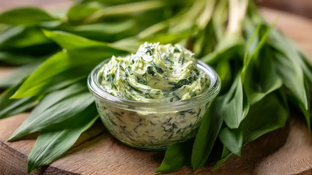 Frische selbstgemachte Bärlauchbutter in Glas, umgeben von grünen Bärlauchblättern