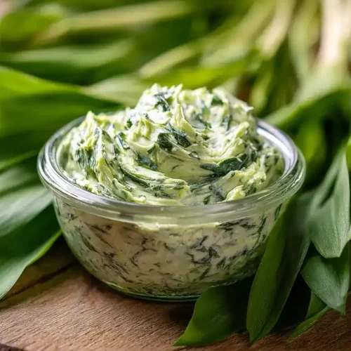 Frische selbstgemachte Bärlauchbutter in Glas, umgeben von grünen Bärlauchblättern