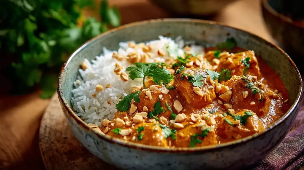 Erdnuss-Hähnchen-Topf afrikanischer Art mit cremiger Sauce und Reis