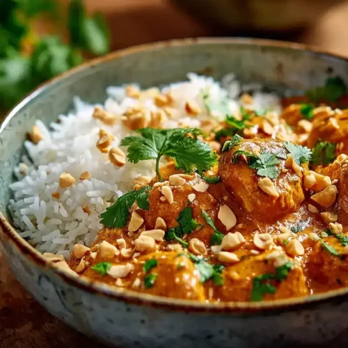 Erdnuss-Hähnchen-Topf afrikanischer Art mit cremiger Sauce und Reis