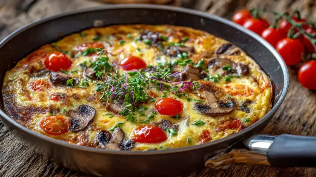 Frittata mit Gemüse in Pfanne, goldbraun und saftig