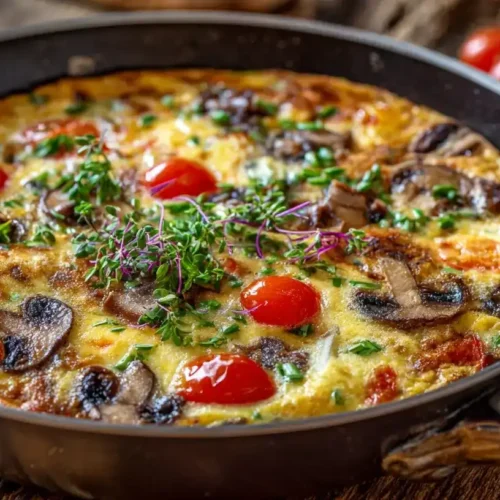 Frittata mit Gemüse in Pfanne, goldbraun und saftig