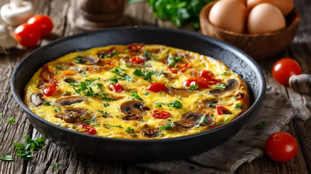 Stücke Frittata mit Gemüse auf Teller, serviert mit Kräutern