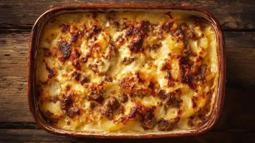 Cremiger Kartoffelauflauf mit Hackfleisch, Käse und zarten Kartoffelscheiben