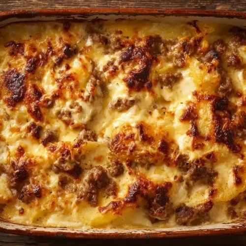 Cremiger Kartoffelauflauf mit Hackfleisch, Käse und zarten Kartoffelscheiben