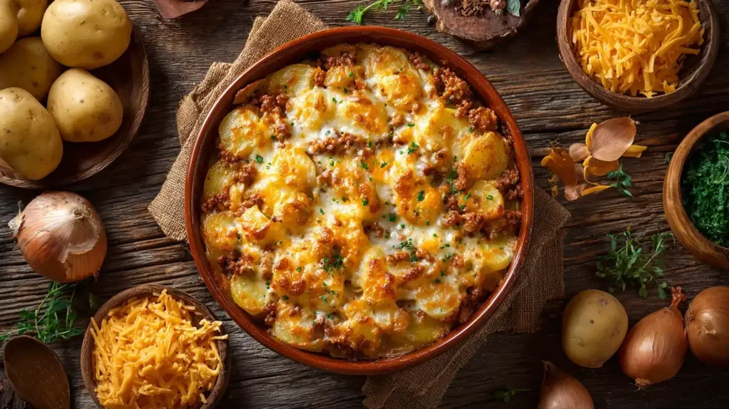 Zutaten für Kartoffelauflauf mit Hackfleisch: Kartoffeln, Hackfleisch, Käse
