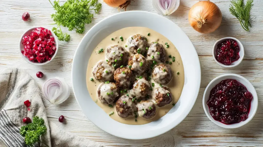 Köttbullar mit Preiselbeeren und Kartoffelpüree serviert