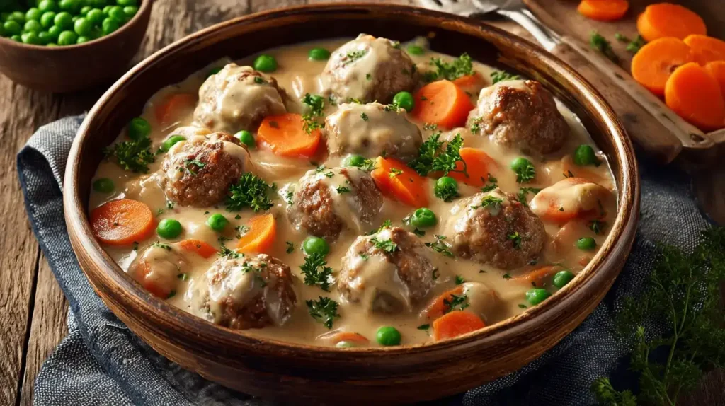 Wikingertopf mit Hackbällchen serviert mit cremiger Sauce, Möhren und Erbsen