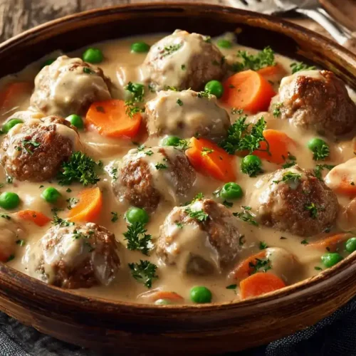 Wikingertopf mit Hackbällchen serviert mit cremiger Sauce, Möhren und Erbsen