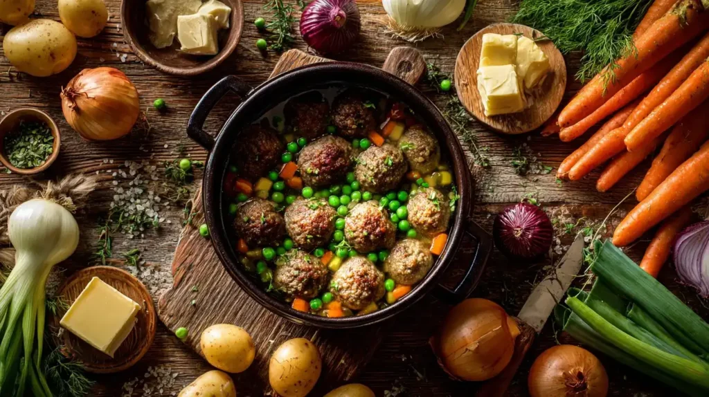 Zutaten für Wikingertopf mit Hackbällchen: Hackfleisch, Möhren, Erbsen, Zwiebel und Sahne