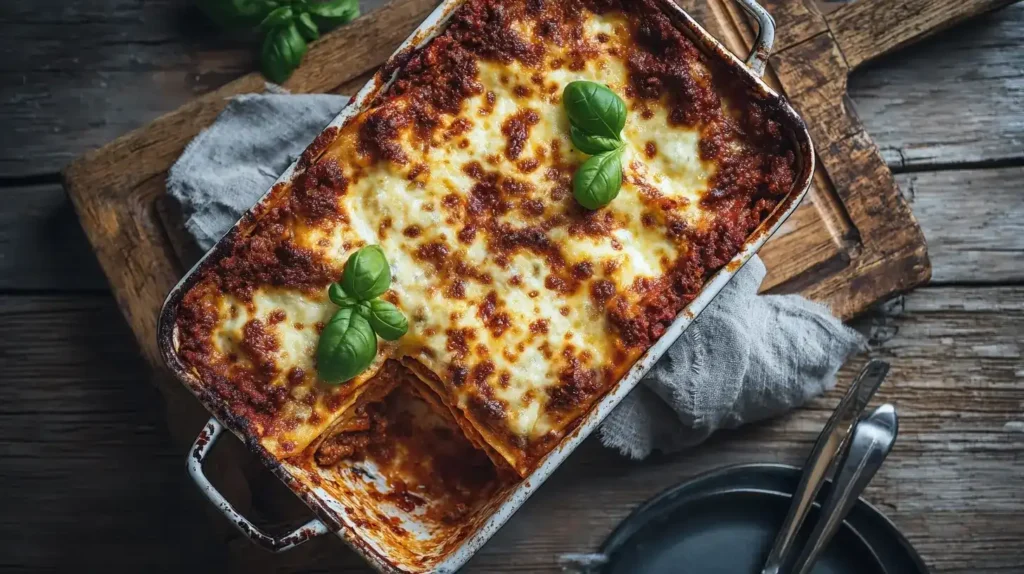 Zucchini-Lasagne mit Hackfleisch frisch gebacken in Auflaufform, goldbraun überbacken, servierfertig auf Holztisch