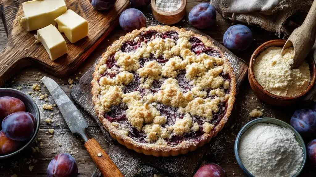 Zwetschgenkuchen mit Streusel in der Mitte, Hauptzutaten Butter, Zucker, Zwetschgen rundherum