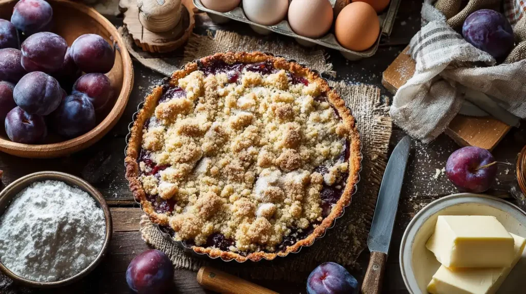 Frisch gebackener Zwetschgenkuchen mit knusprigen Streuseln auf rustikalem Holztisch