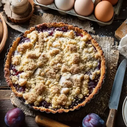 Frisch gebackener Zwetschgenkuchen mit knusprigen Streuseln auf rustikalem Holztisch