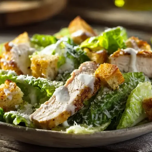 Frischer Caesar Salad mit Hähnchen, knusprigen Croûtons und cremigem Dressing
